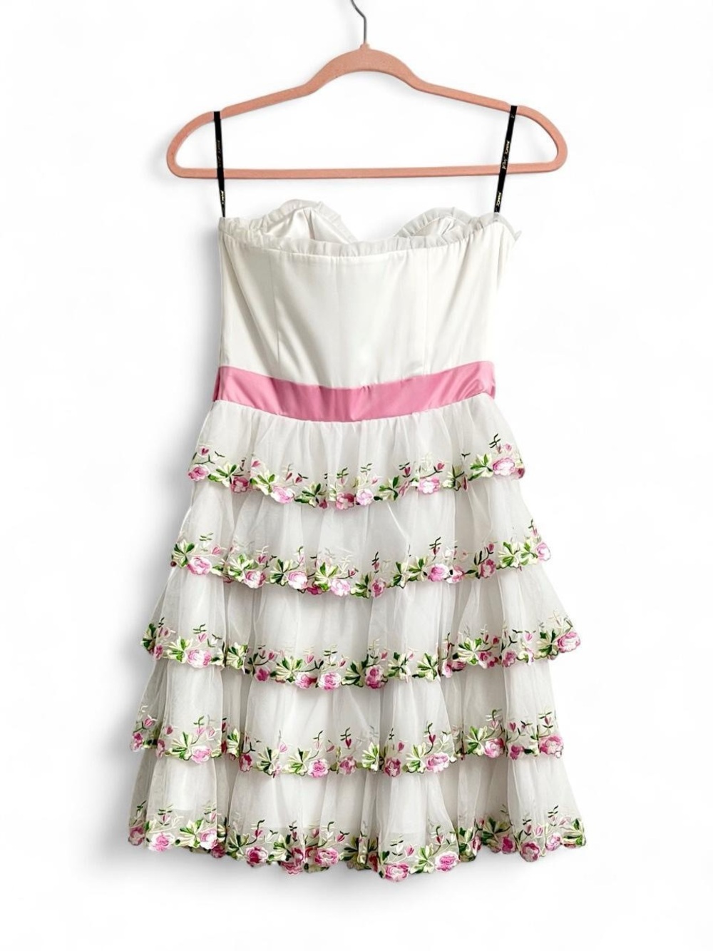 Betsey Johnson White & Pink Floral Tiered Party Dress with Bow - Picture 3 of 8